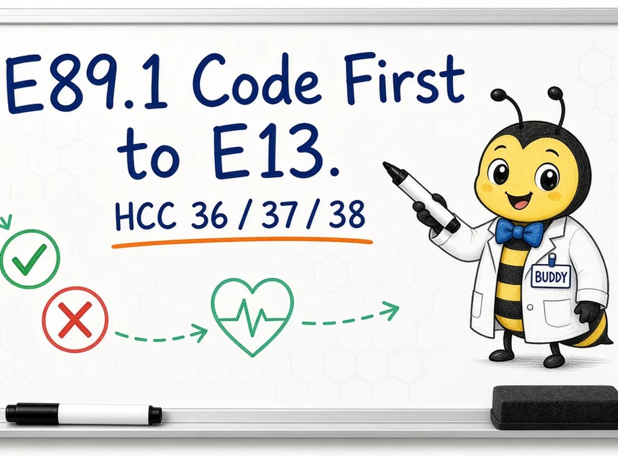 E89.1 Code First Points to E13. Complication Character Picks HCC 36, 37, or 38.