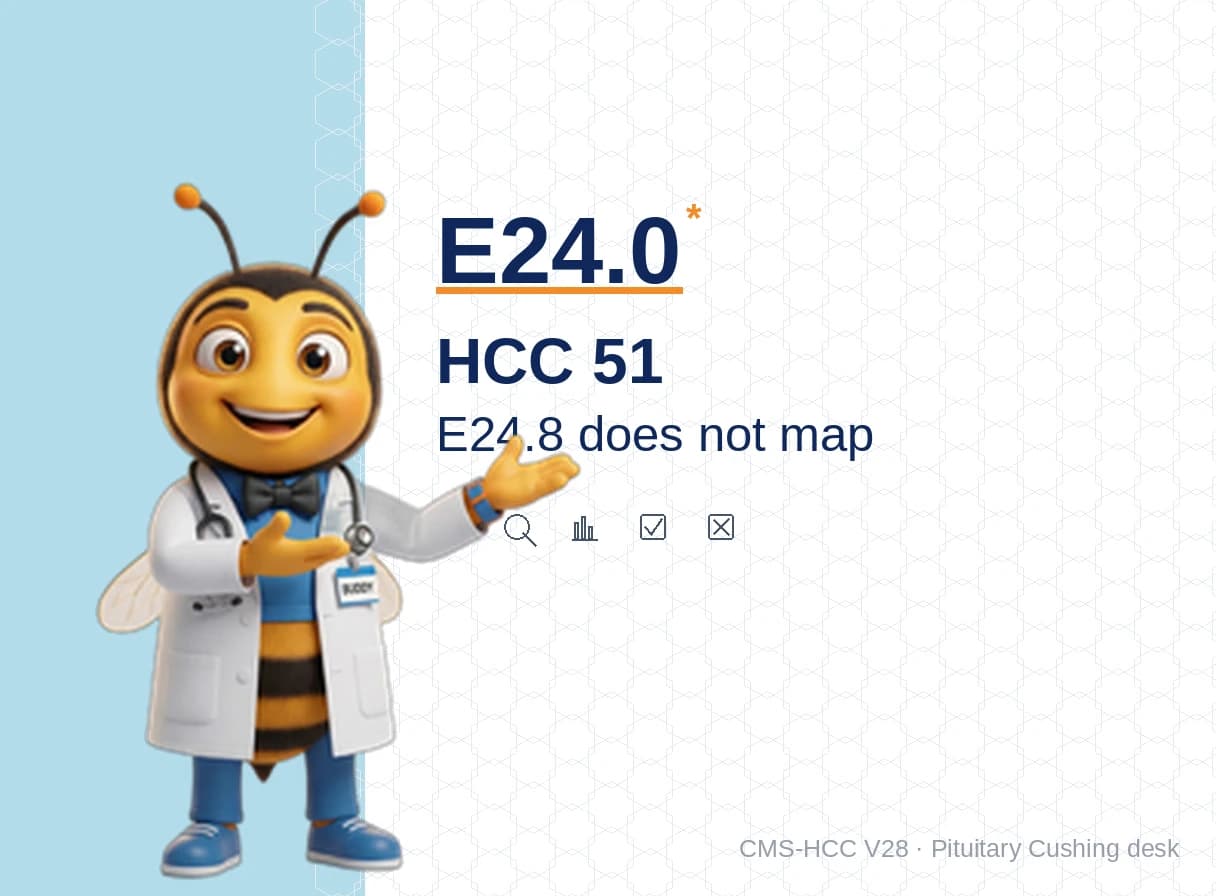 E24.0 Pituitary Cushing Maps HCC 51. Nearby E24.8 / E24.2 / E24.9 Do Not Map.