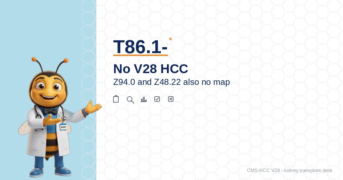 T86.1- Kidney Transplant Codes Do Not Map to a V28 HCC. Contrast Liver, Heart, Lung, and Intestine.