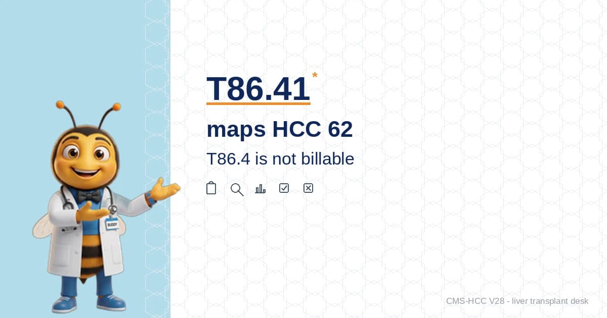 T86.41 Liver Transplant Rejection Maps to HCC 62 in V28. T86.4 Is Not Billable.