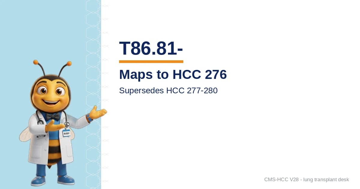 T86.81- Lung Transplant Complications Map to HCC 276 in V28. HCC 276 Supersedes 277-280.