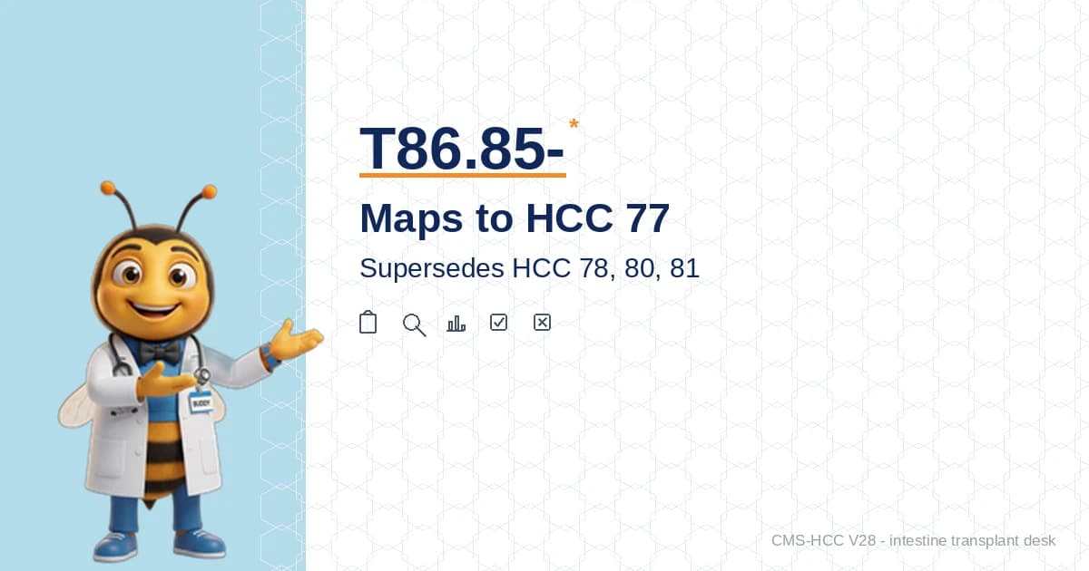 T86.85- Intestine Transplant Complications Map to HCC 77 in V28. HCC 77 Supersedes 78, 80, and 81.