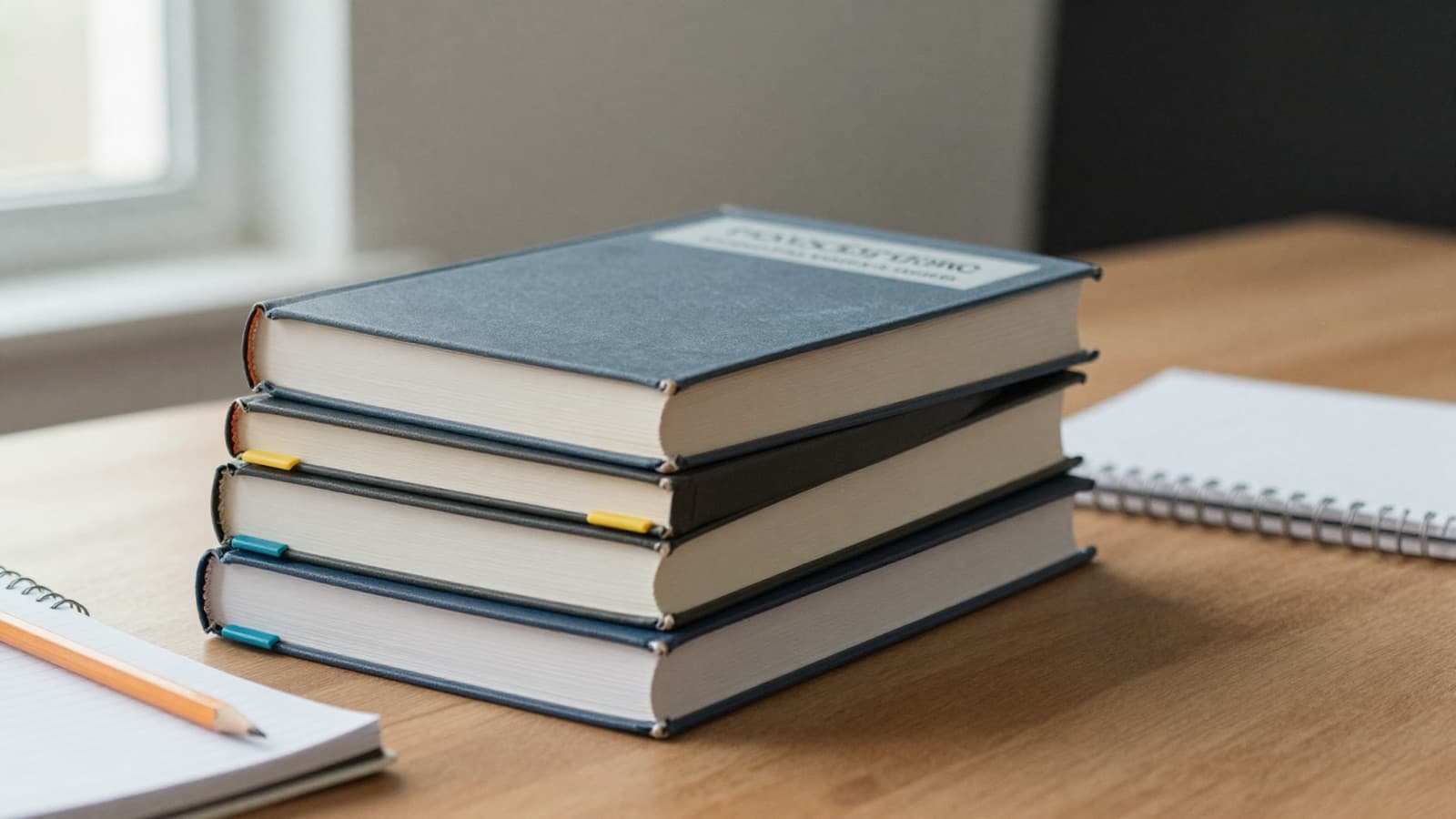 Tabbed medical code books stacked on a desk beside a pencil, illustrating preparation for the AAPC CPC-M master coding credential exam