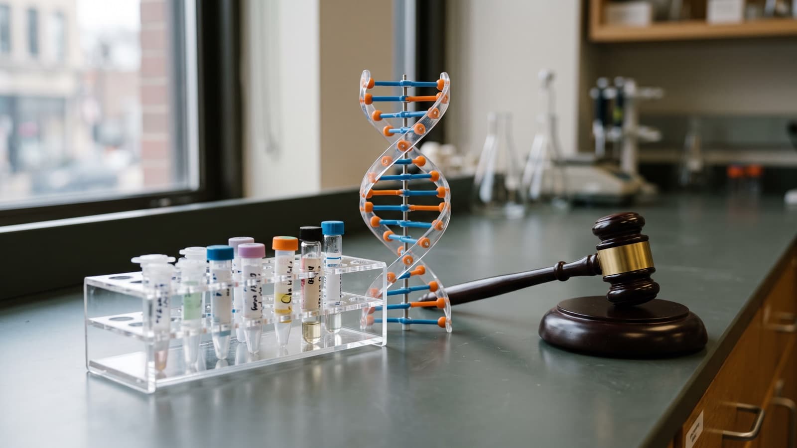 Genetic-testing sample vials and a DNA helix model beside a wooden gavel, the lab billing at issue in the Access DX settlement