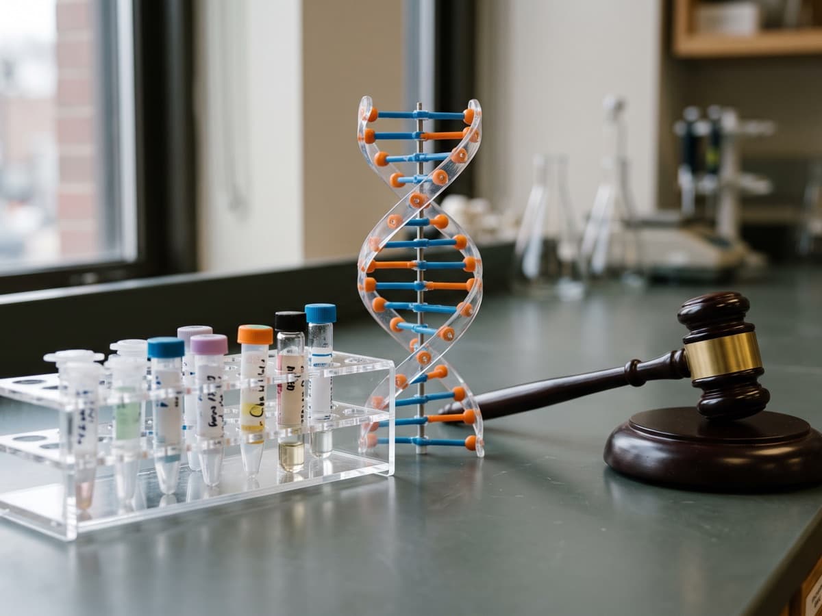 Genetic-testing sample vials and a DNA helix model beside a wooden gavel, the lab billing at issue in the Access DX settlement