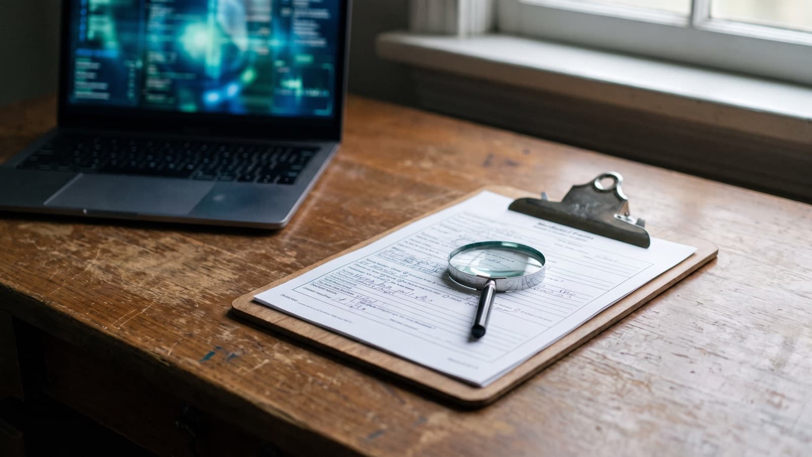 A printed clinical query form and a magnifying glass on a desk beside a laptop, the human review the draft brief requires for an AI-generated query.