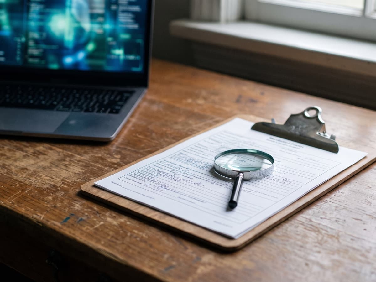 A printed clinical query form and a magnifying glass on a desk beside a laptop, the human review the draft brief requires for an AI-generated query.