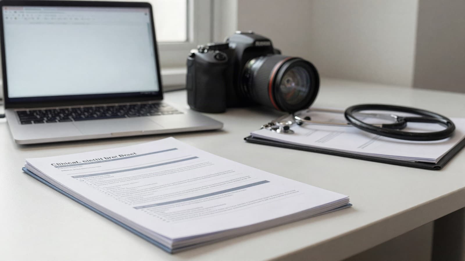 A printed clinical query practice brief on an outpatient clinic desk beside a laptop and clipboard, the new 2026 ACDIS/AHIMA query standard.