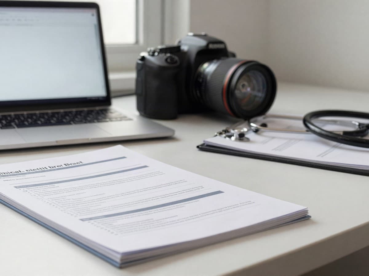 A printed clinical query practice brief on an outpatient clinic desk beside a laptop and clipboard, the new 2026 ACDIS/AHIMA query standard.