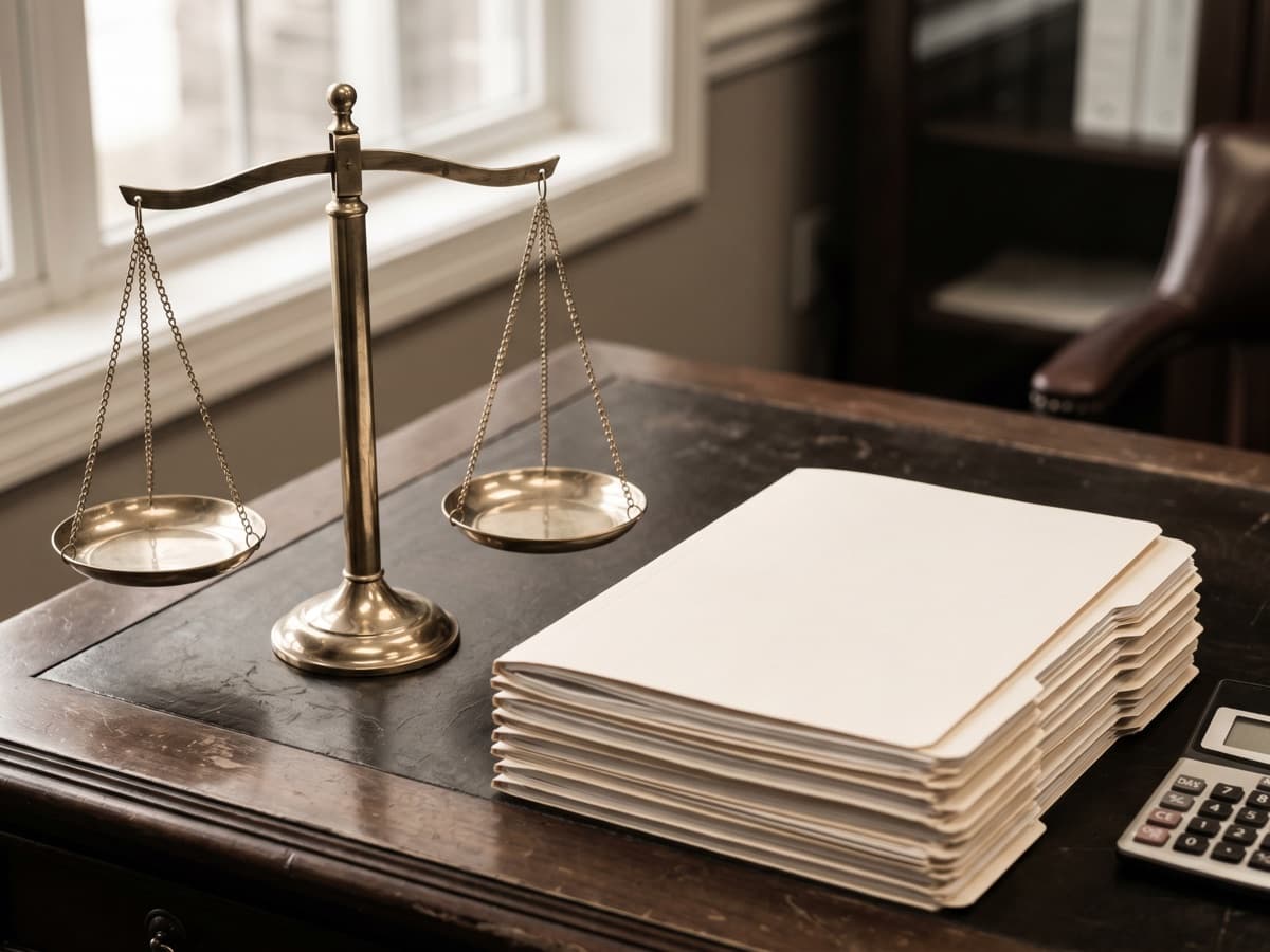 Scales of justice beside a stack of closed, unlabeled folders, illustrating the Aetna False Claims Act risk-adjustment settlement.