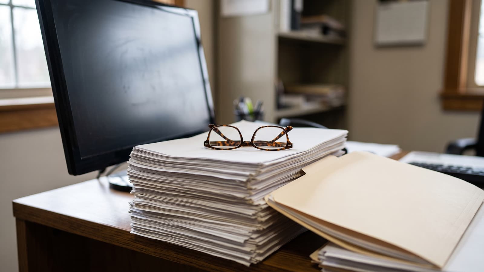 A stack of hospital discharge summaries beside a dark monitor, illustrating AI comorbidity extraction from clinical documentation