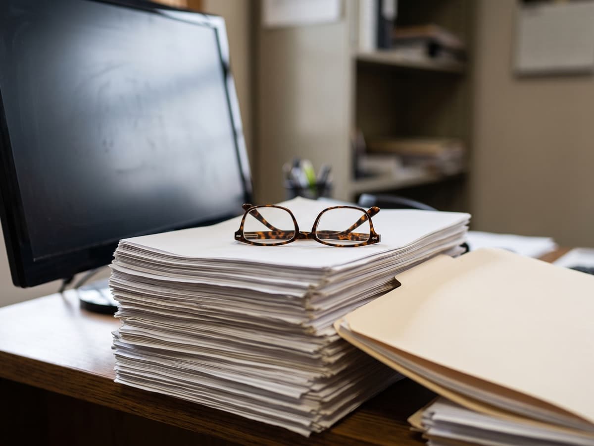 A stack of hospital discharge summaries beside a dark monitor, illustrating AI comorbidity extraction from clinical documentation
