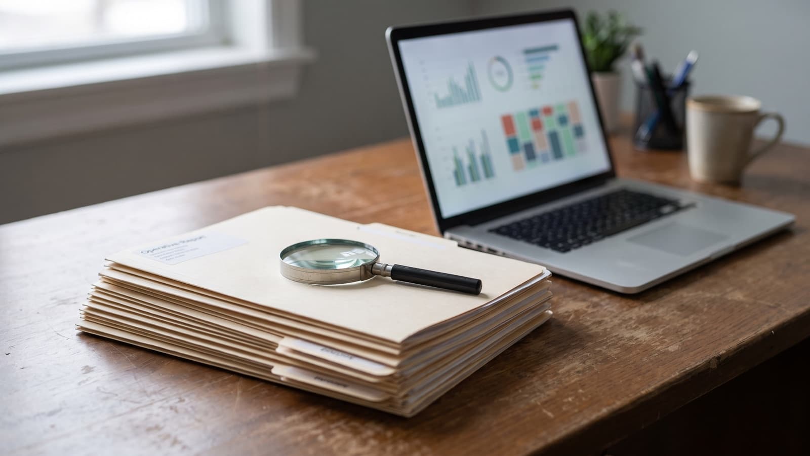 Operative-report folders and a magnifying glass on a desk beside a laptop, illustrating exact-match CPT coding accuracy testing of AI tools