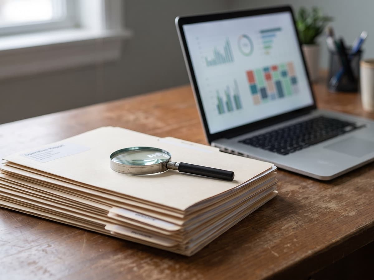 Operative-report folders and a magnifying glass on a desk beside a laptop, illustrating exact-match CPT coding accuracy testing of AI tools