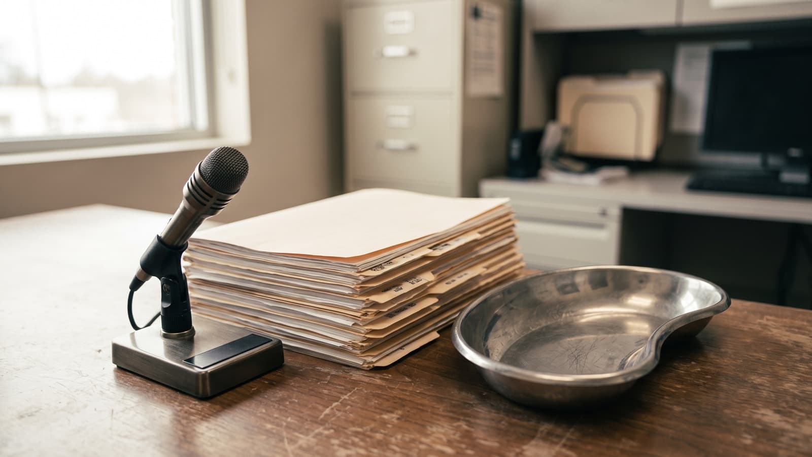 A desktop microphone beside a thick stack of paper chart folders and an empty steel tray, depicting AI documentation raising coding intensity without matching treatment
