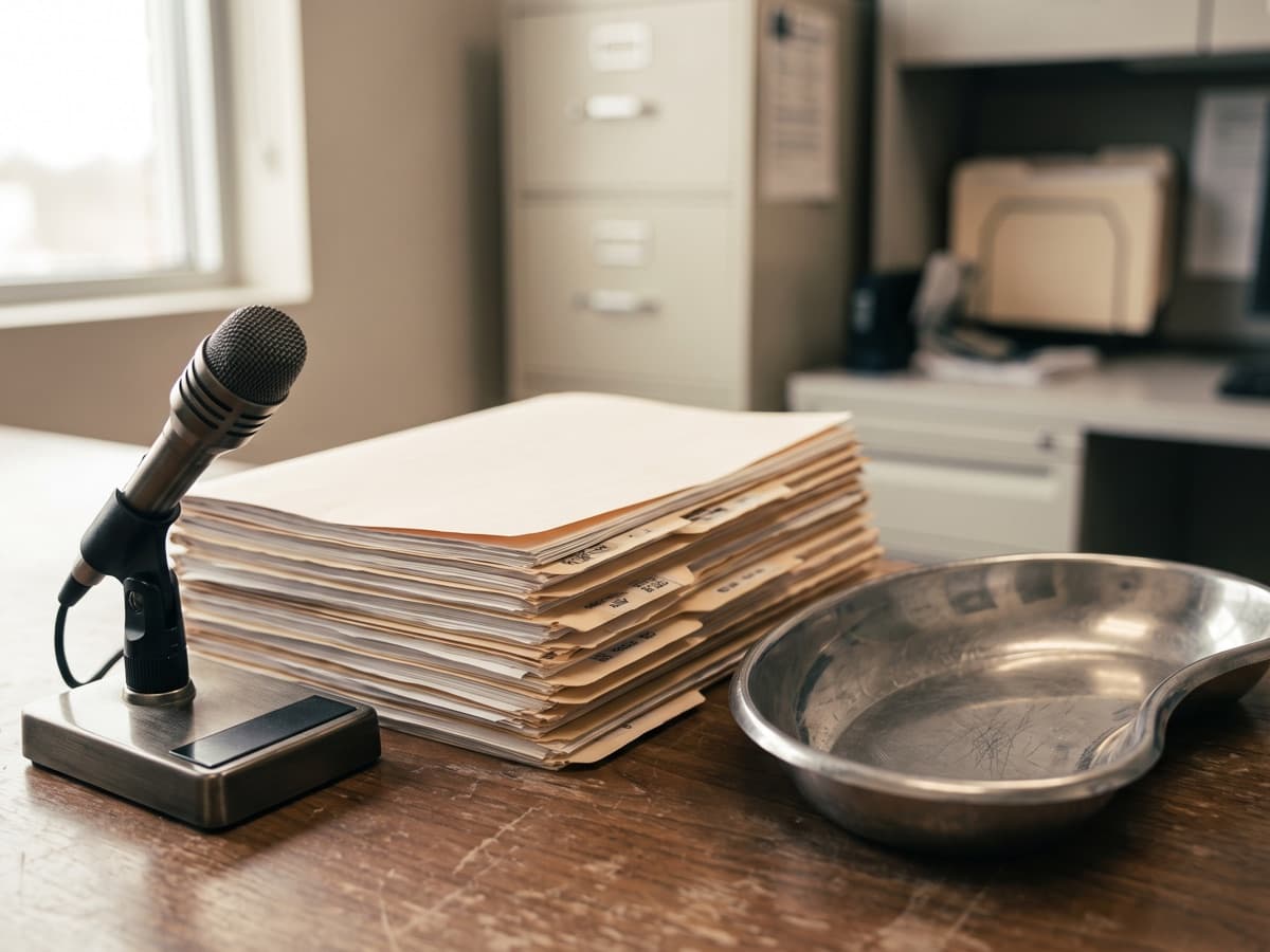 A desktop microphone beside a thick stack of paper chart folders and an empty steel tray, depicting AI documentation raising coding intensity without matching treatment