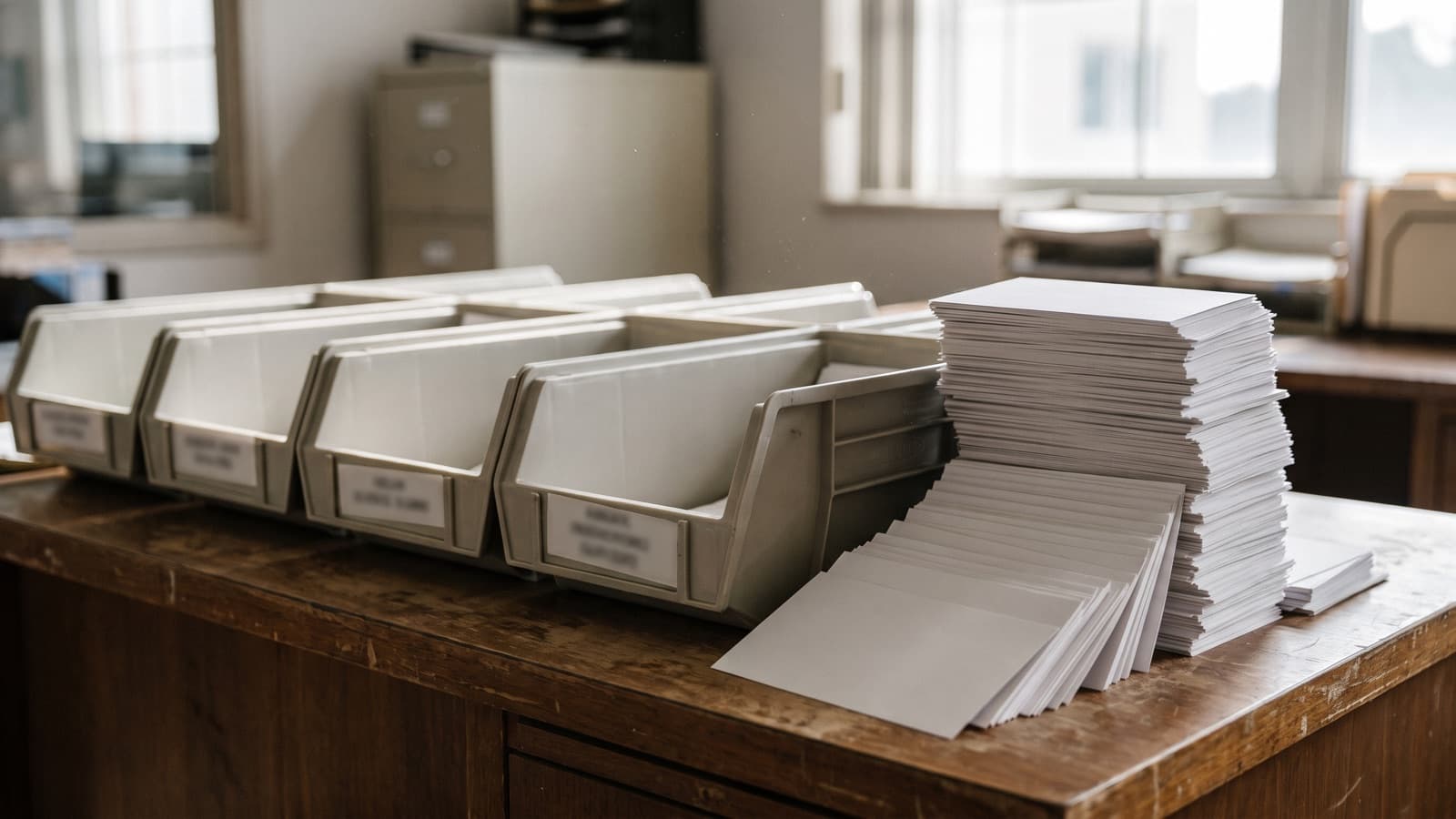 Labeled sorting bins beside a spilling stack of blank index cards, illustrating the gap between an ICD category and a specific billable code