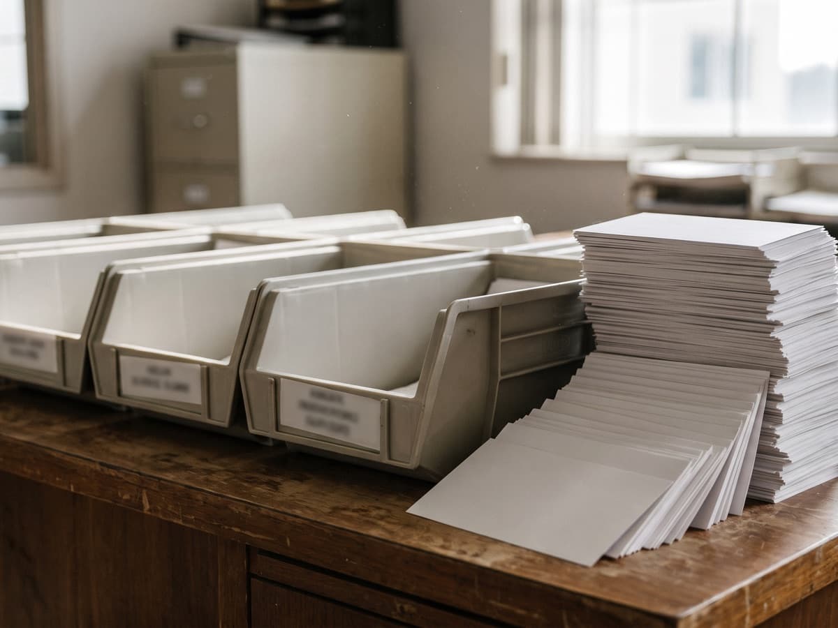 Labeled sorting bins beside a spilling stack of blank index cards, illustrating the gap between an ICD category and a specific billable code