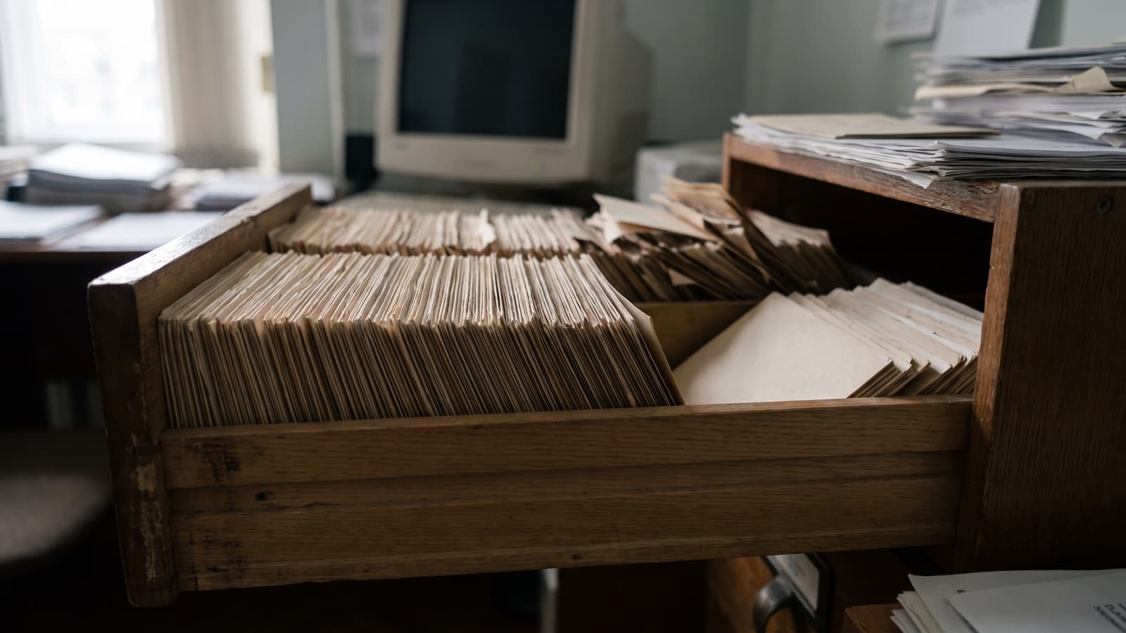 A packed card-index drawer with the cards at the back falling into shadow, standing in for the rare-code tail an automated ICD coding system misses.