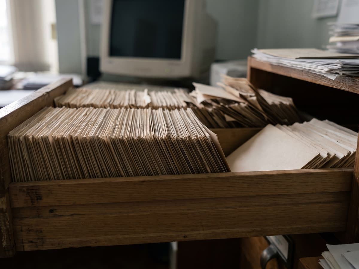 A packed card-index drawer with the cards at the back falling into shadow, standing in for the rare-code tail an automated ICD coding system misses.