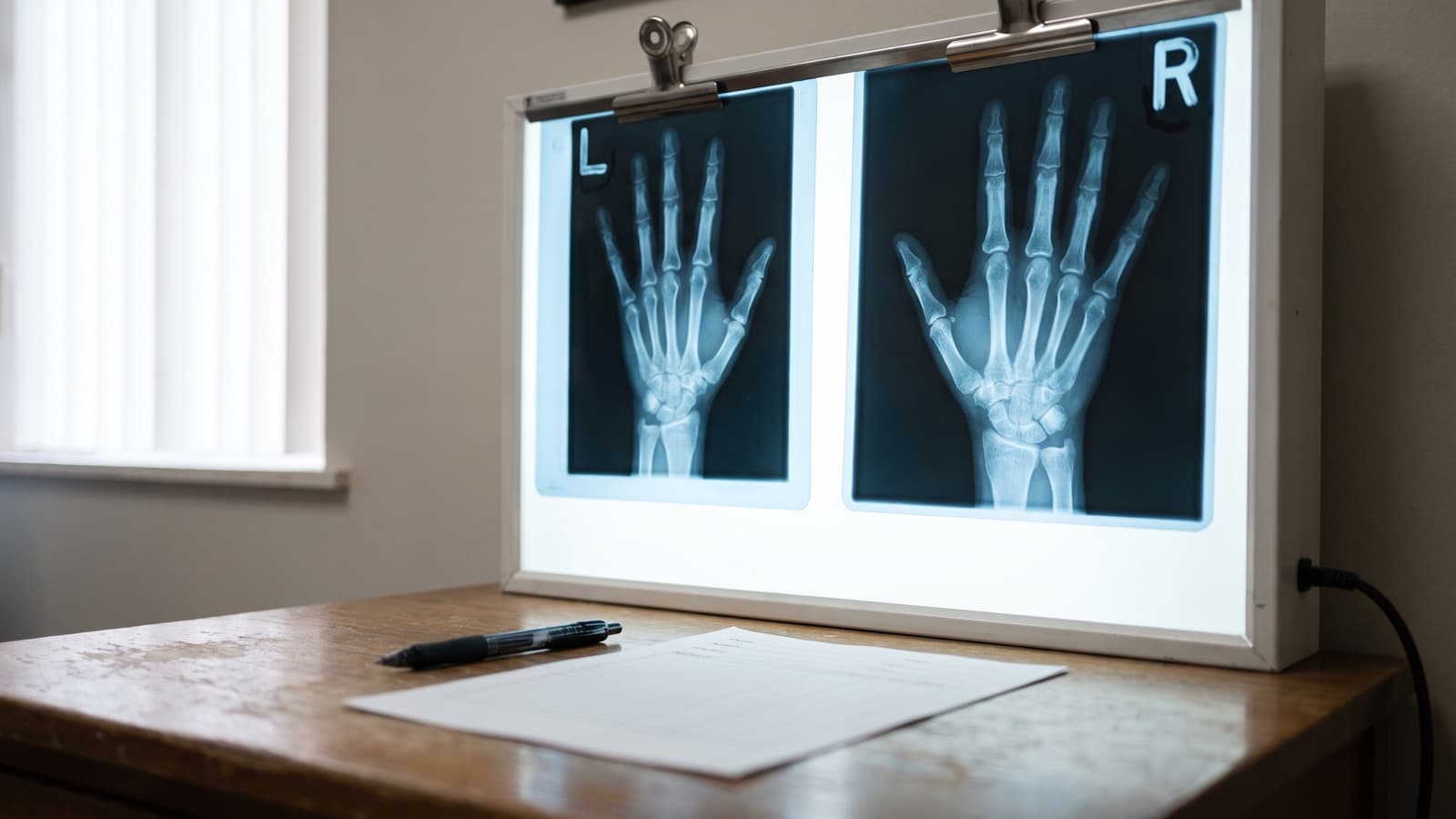Left and right hand X-rays on a radiology lightbox beside a blank coding worksheet, showing the ICD-10 laterality AI coding missed.