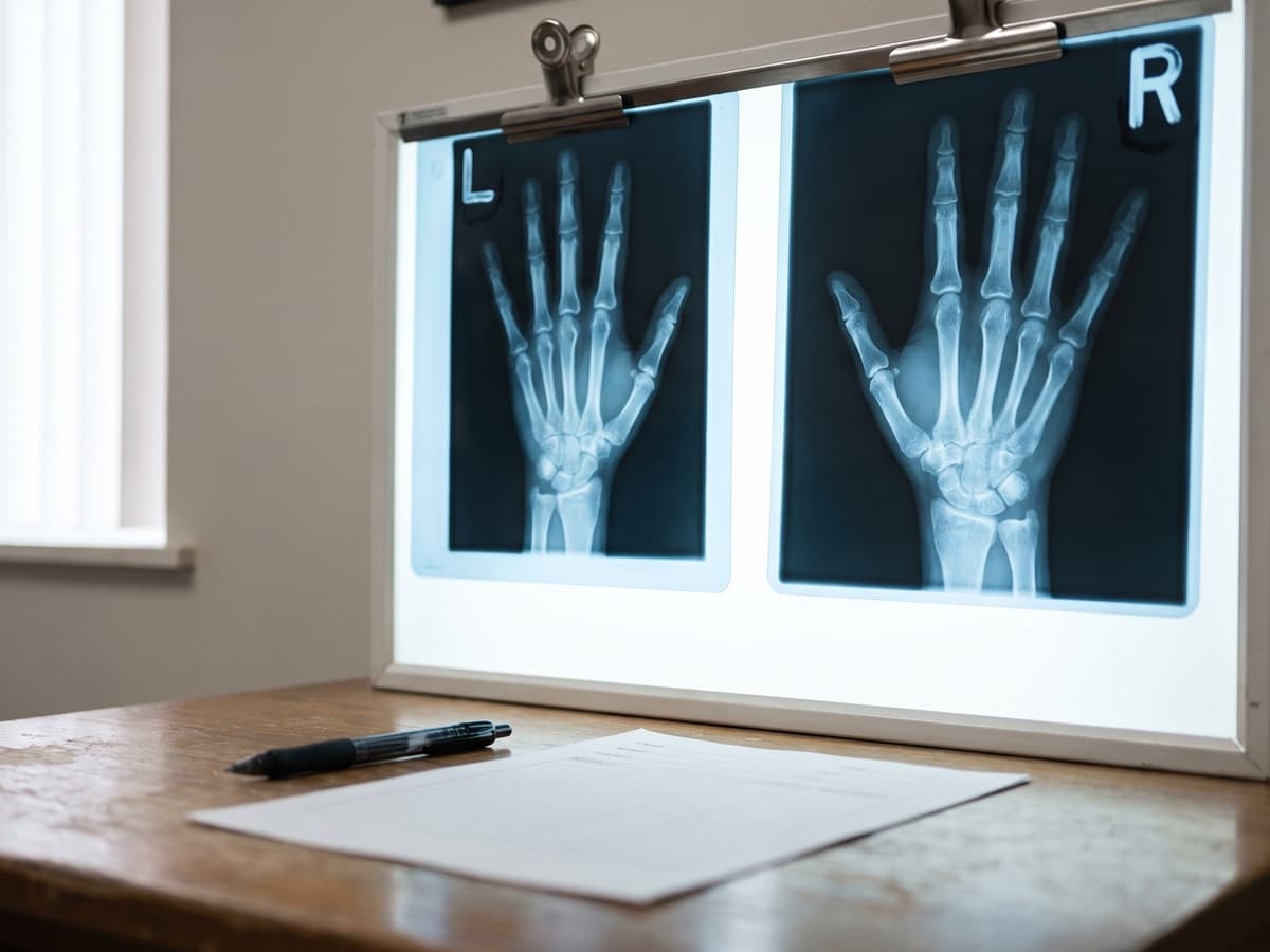 Left and right hand X-rays on a radiology lightbox beside a blank coding worksheet, showing the ICD-10 laterality AI coding missed.