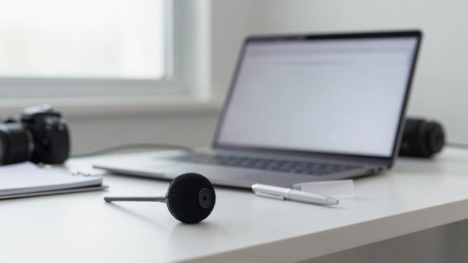 Ambient voice-capture microphone by a laptop with a blurred clinical note, illustrating how an AI scribe draft can overstate certainty.