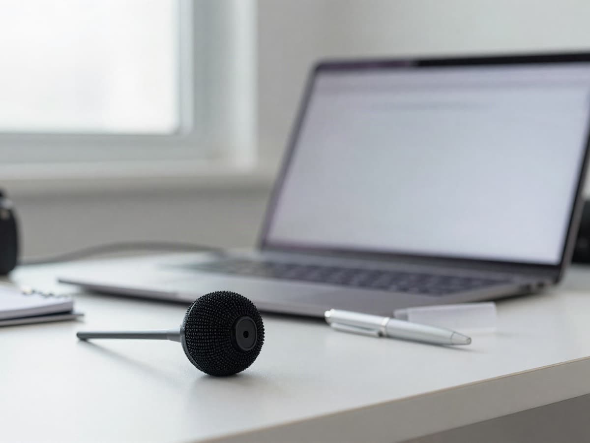Ambient voice-capture microphone by a laptop with a blurred clinical note, illustrating how an AI scribe draft can overstate certainty.