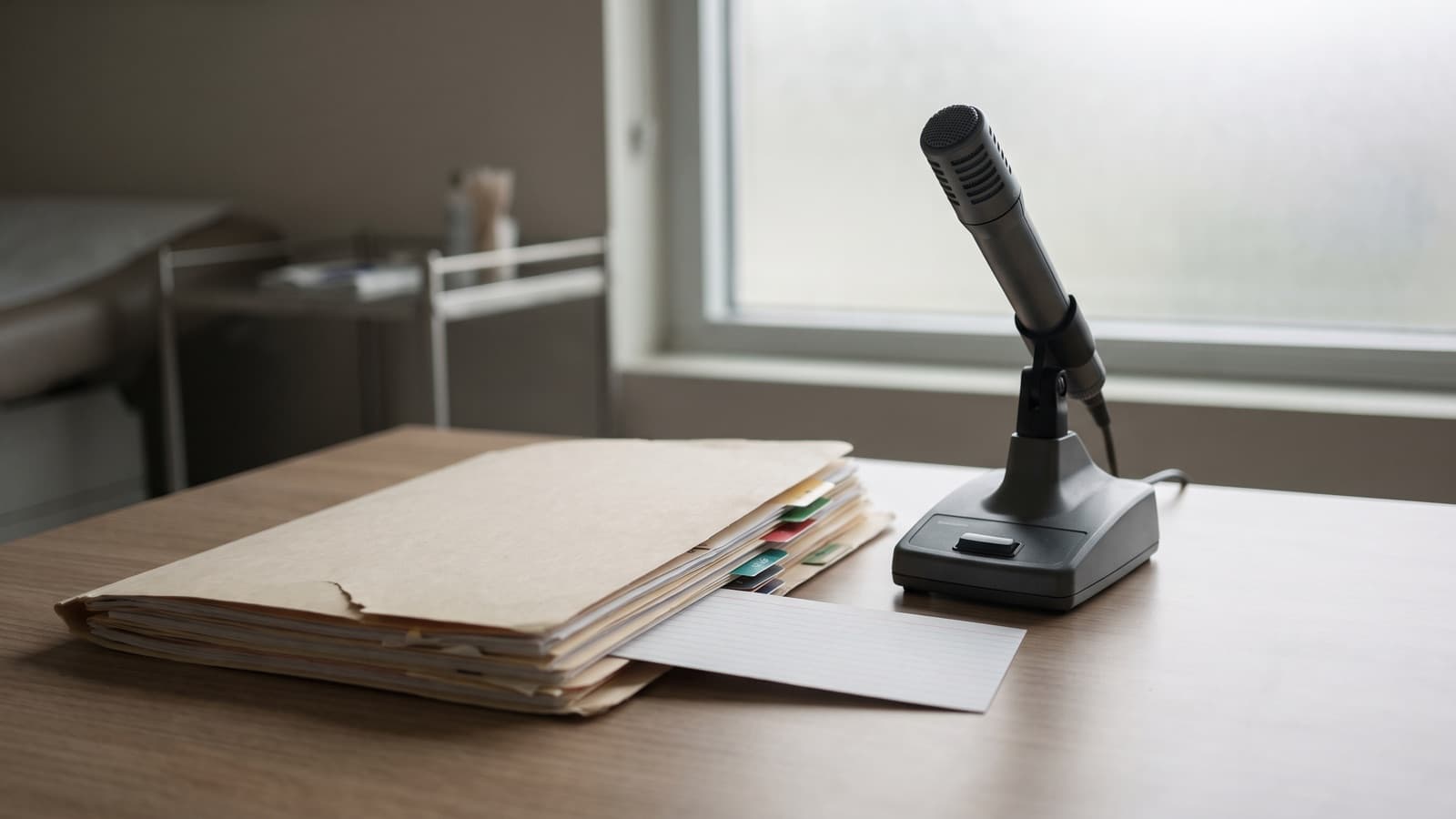 A dictation microphone beside a chart folder with one file card pulled out, showing an ambient AI note that omits a condition.