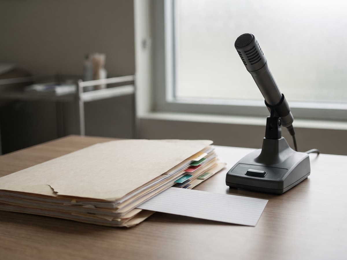 A dictation microphone beside a chart folder with one file card pulled out, showing an ambient AI note that omits a condition.