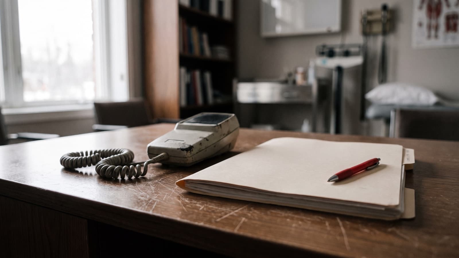 A dictation microphone beside a closed patient folder and a red pen, illustrating diagnostic uncertainty lost when AI rewrites a note
