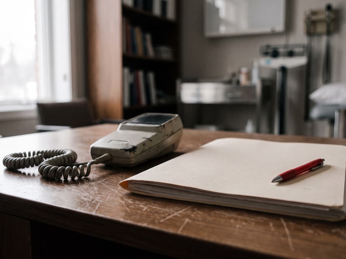 A dictation microphone beside a closed patient folder and a red pen, illustrating diagnostic uncertainty lost when AI rewrites a note