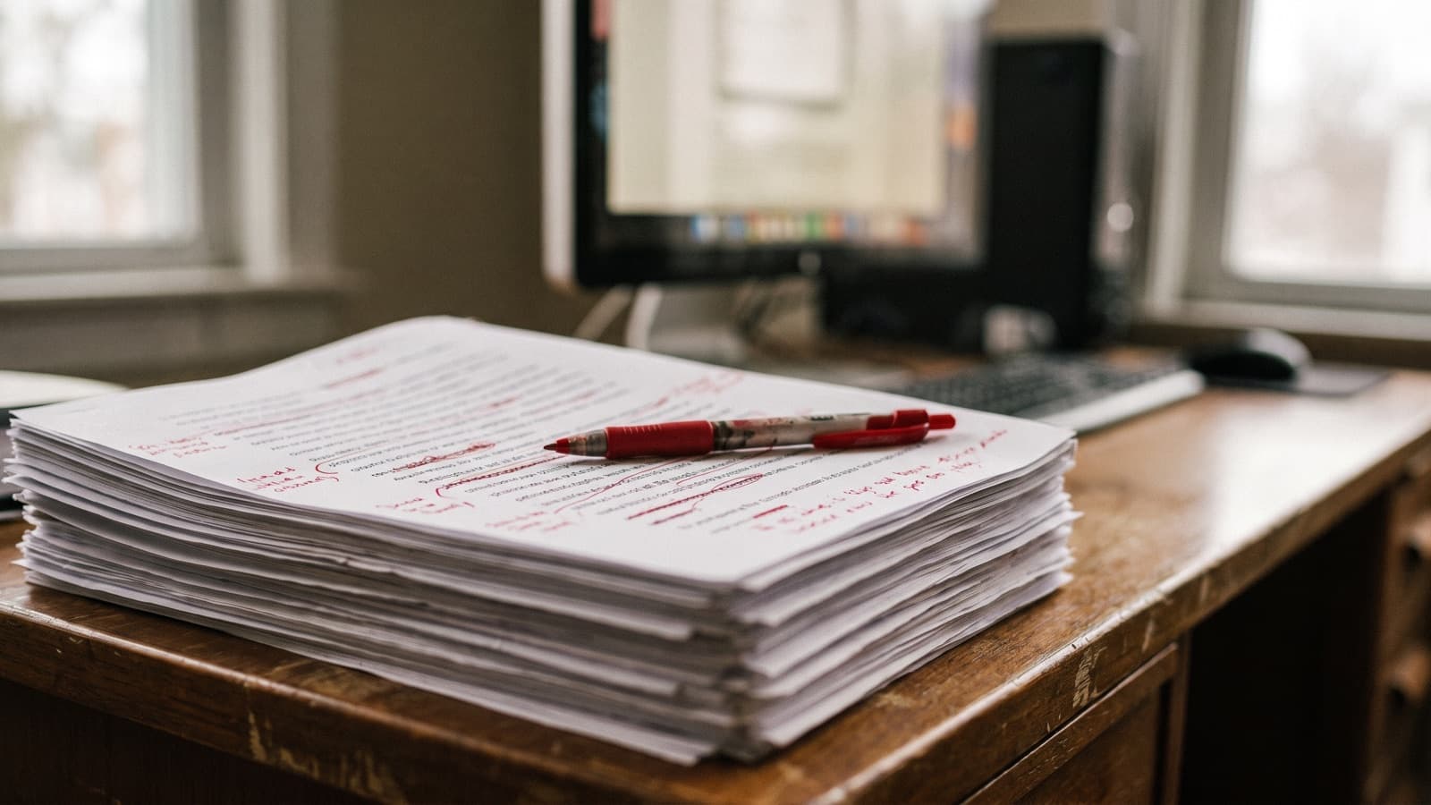 Printed draft clinical notes marked in red pen beside a monitor, showing what clinicians change before signing an AI-drafted note.