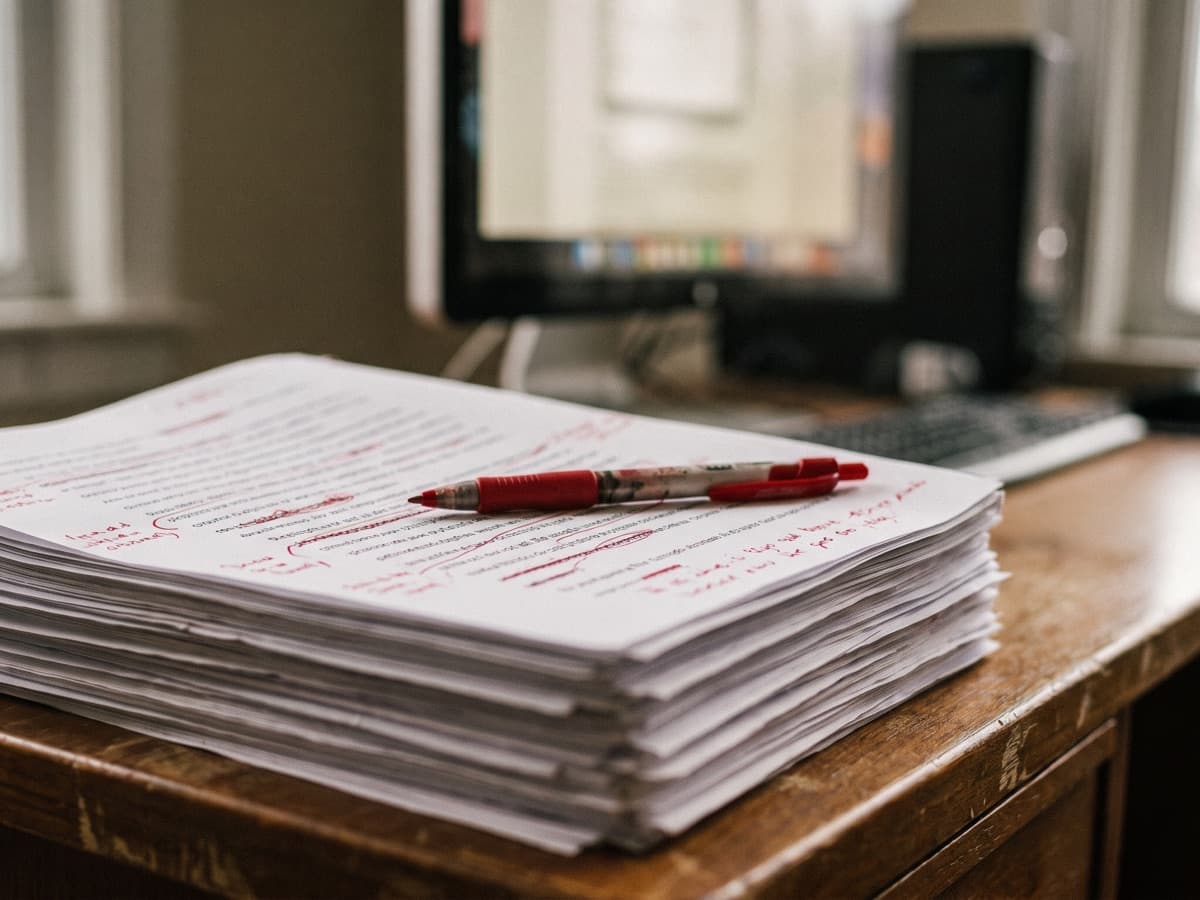 Printed draft clinical notes marked in red pen beside a monitor, showing what clinicians change before signing an AI-drafted note.
