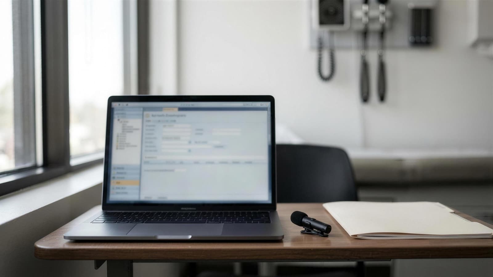Exam-room desk with an ambient recording mic beside an open EHR laptop and a chart folder, where AI scribes and prompts surface diagnoses.