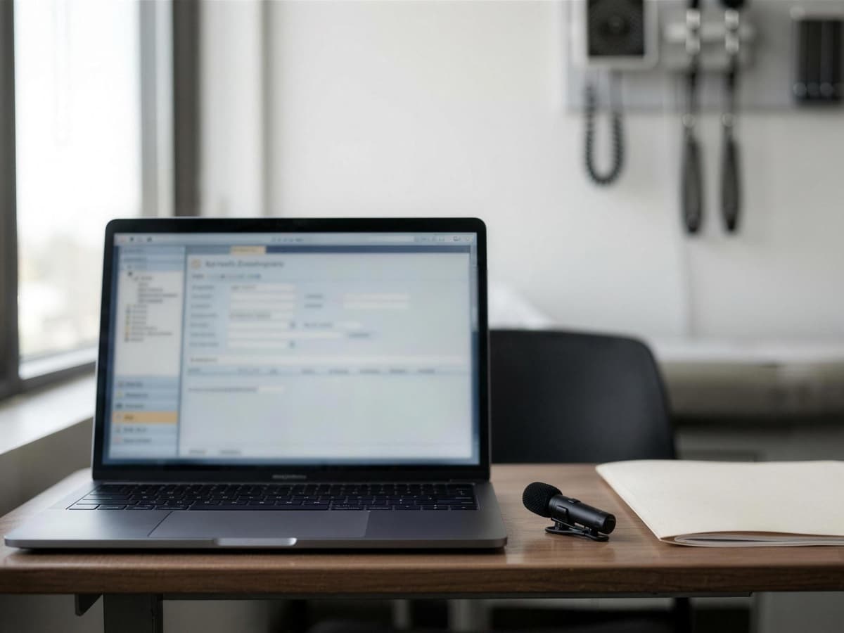 Exam-room desk with an ambient recording mic beside an open EHR laptop and a chart folder, where AI scribes and prompts surface diagnoses.