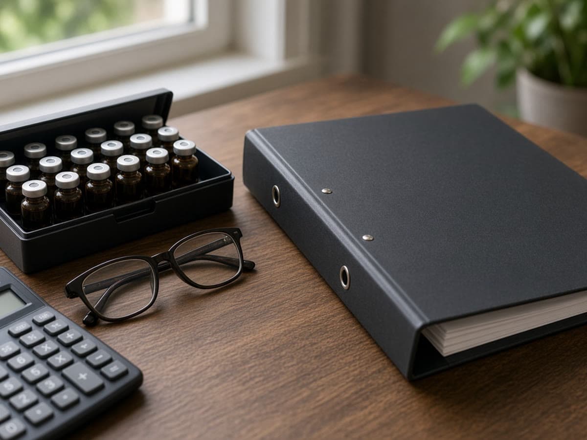 A pharmacy billing desk shows a closed vial tray and fee schedule binder for the Medicare clotting factor furnishing fee update.