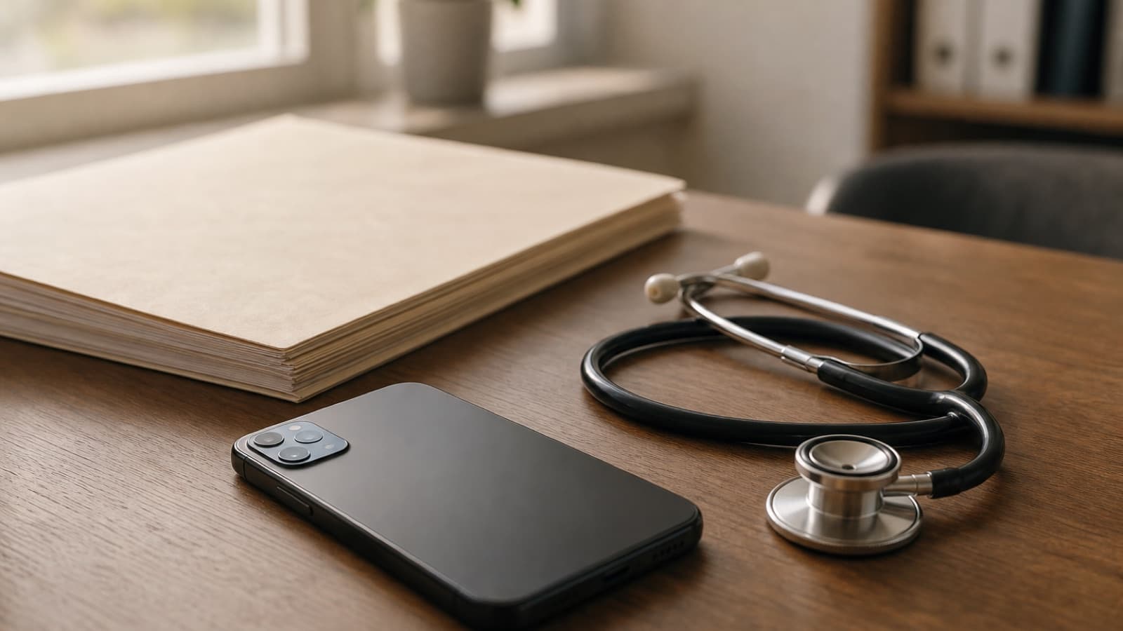 A smartphone face down beside a paper medical chart and stethoscope, depicting audio-only telehealth diagnoses excluded from MA risk scores