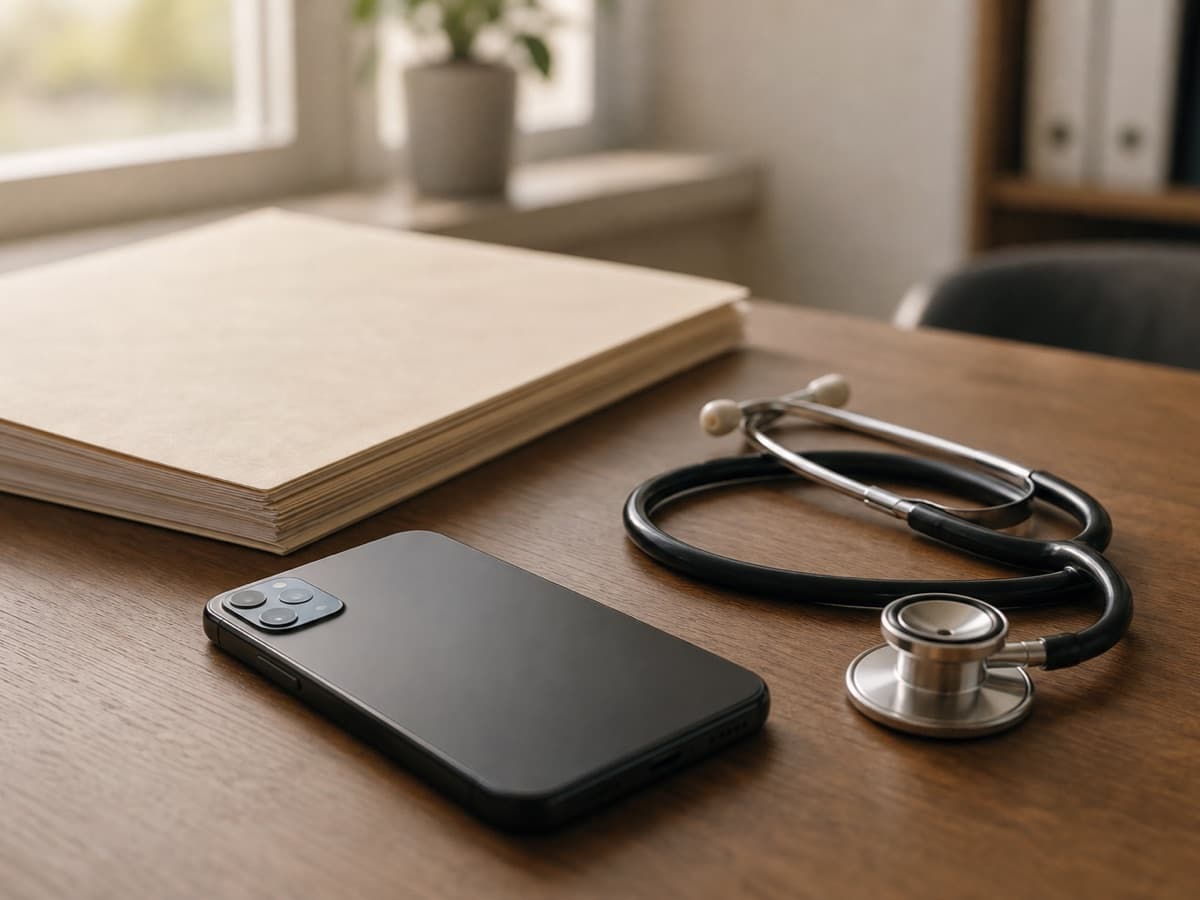 A smartphone face down beside a paper medical chart and stethoscope, depicting audio-only telehealth diagnoses excluded from MA risk scores