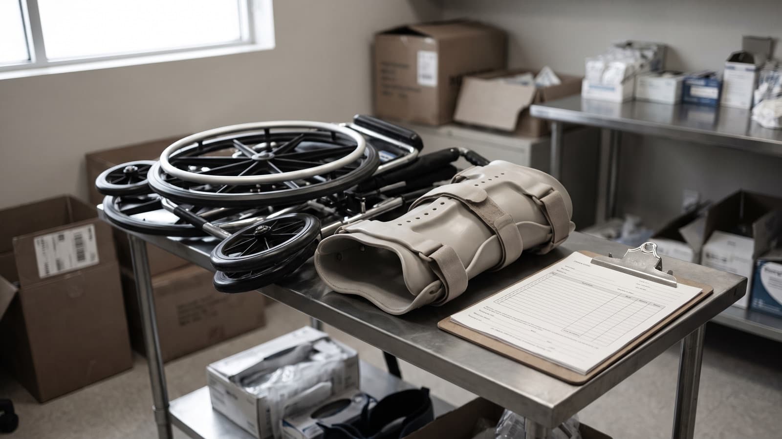 A manual wheelchair and a spinal back brace beside a clipboard and paperwork, illustrating the CMS DMEPOS prior authorization requirement.