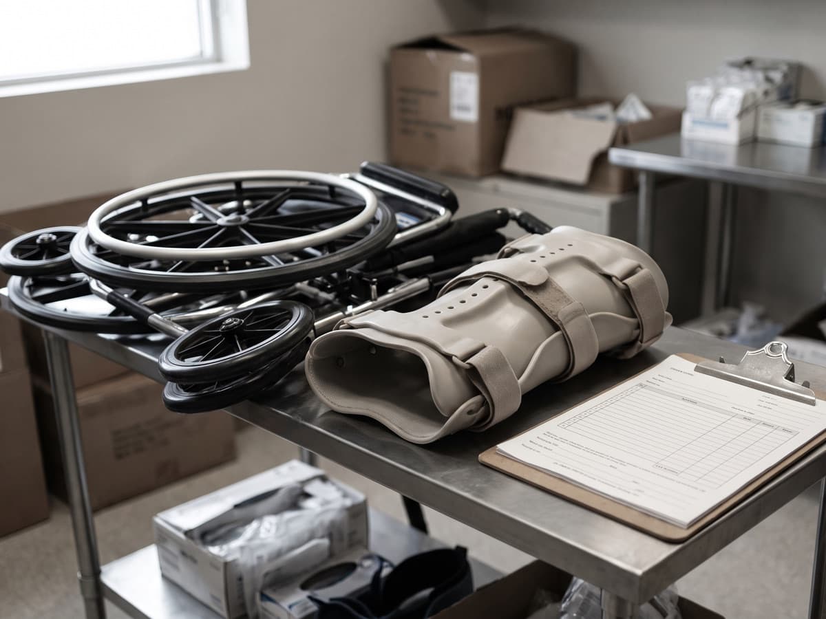 A manual wheelchair and a spinal back brace beside a clipboard and paperwork, illustrating the CMS DMEPOS prior authorization requirement.