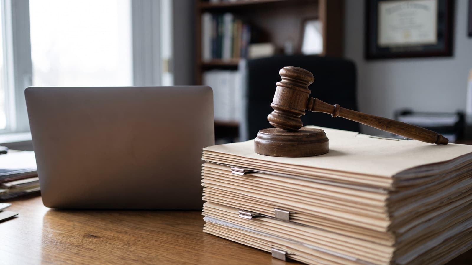 A wooden gavel resting on stacked patient chart folders, the risk-adjustment coding conduct at issue in the Complete Health settlement