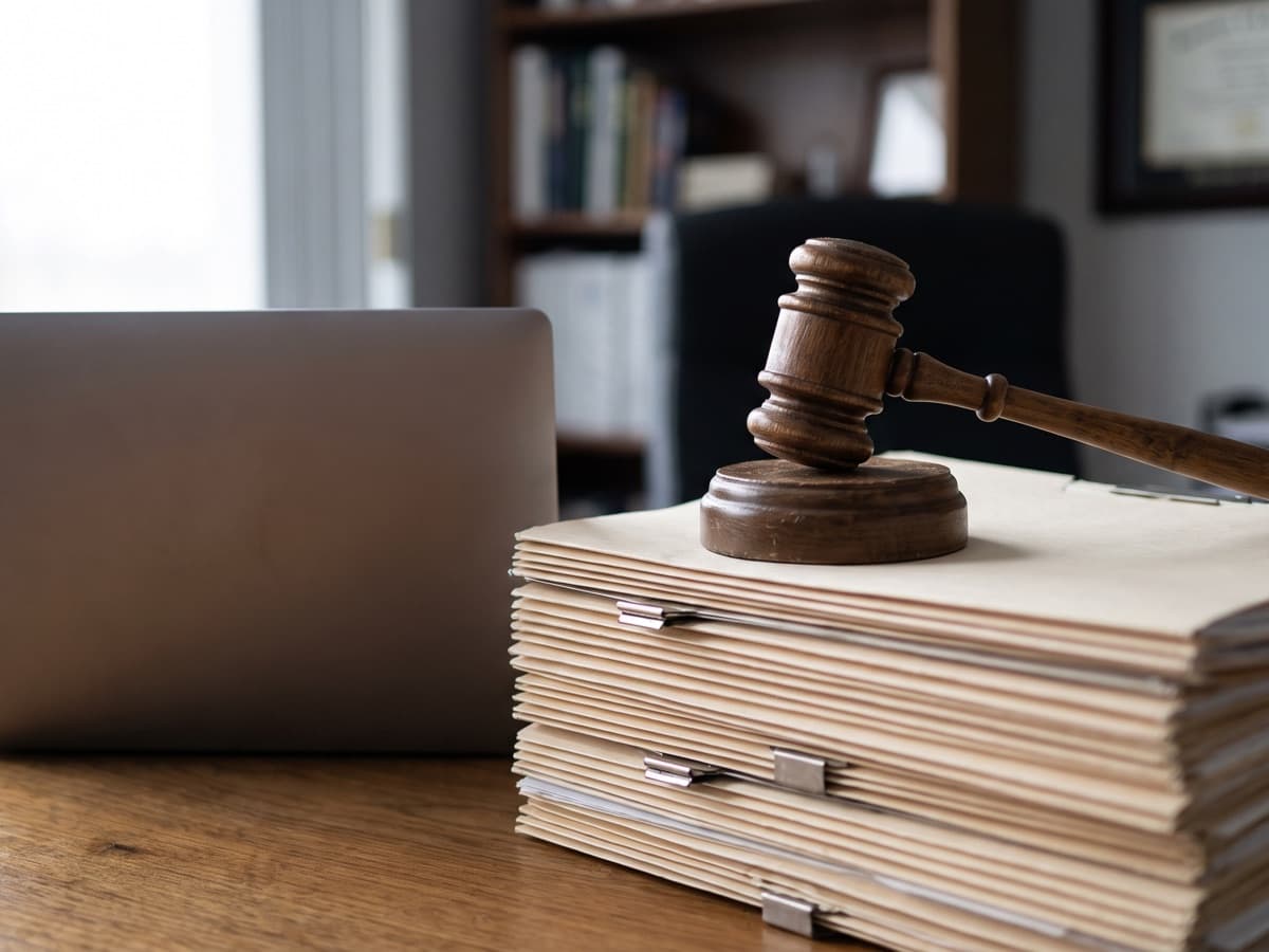 A wooden gavel resting on stacked patient chart folders, the risk-adjustment coding conduct at issue in the Complete Health settlement