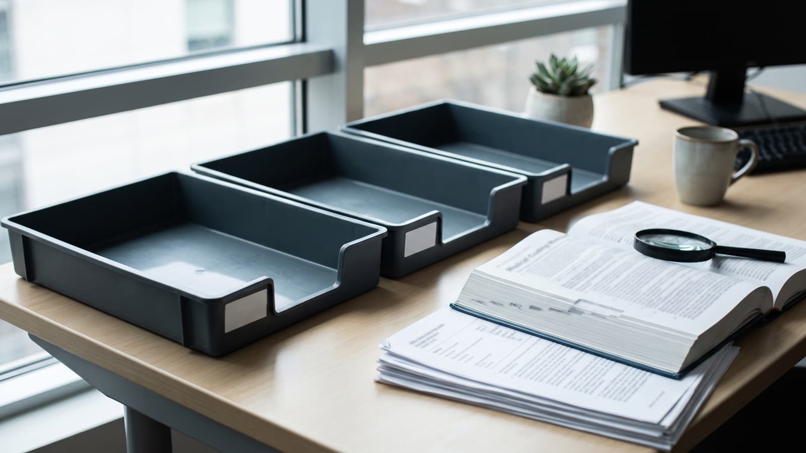 Three labeled sorting trays and an open coding manual, illustrating how CPT Appendix S classifies an AI tool's role before it's coded.