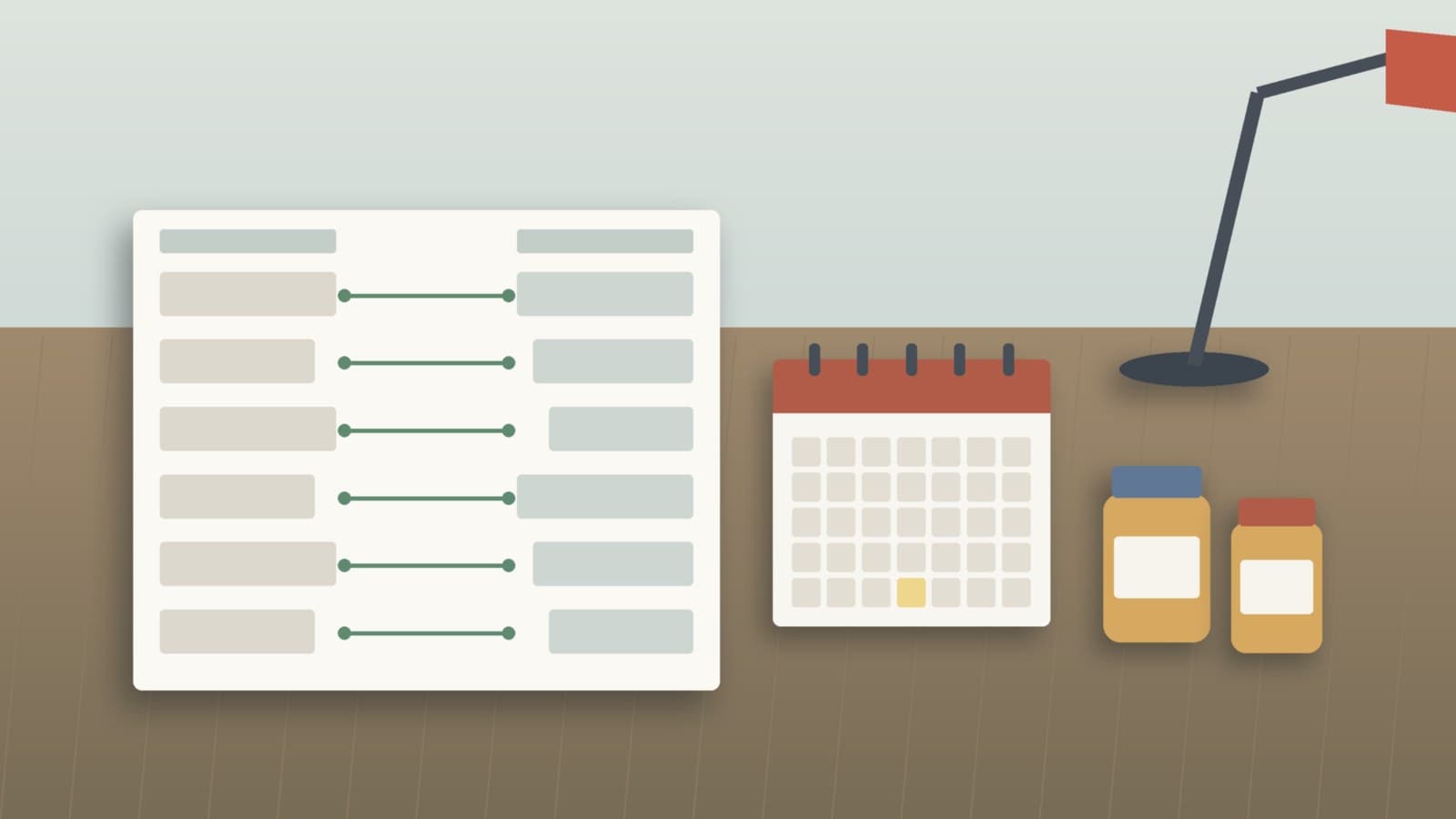 A desk calendar beside two small unlabeled medicine bottles and a rate ledger under a lamp