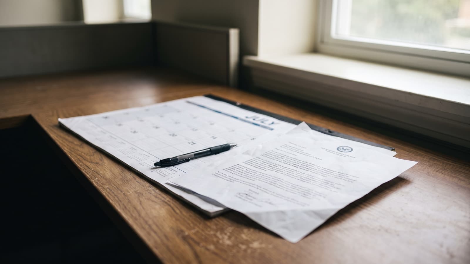 A desk calendar and pen beside stacked chart folders, marking the CY2027 midyear risk adjustment timing shift for coders