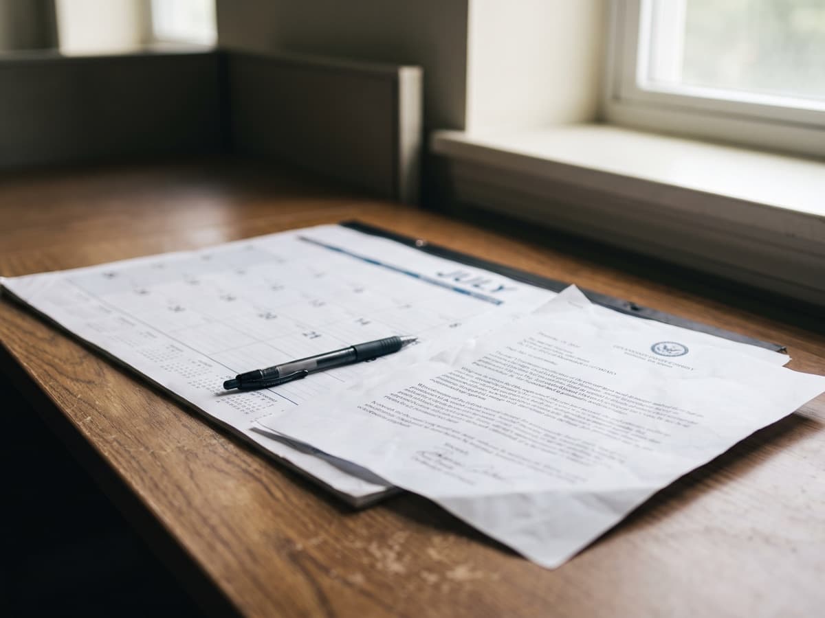 A desk calendar and pen beside stacked chart folders, marking the CY2027 midyear risk adjustment timing shift for coders
