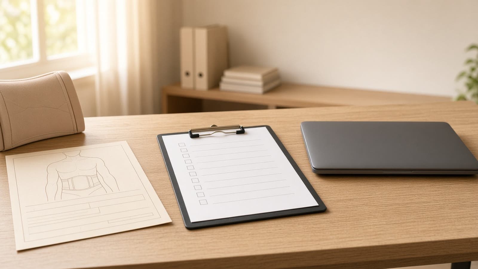 A DME billing desk shows an orthosis order form and a prior authorization checklist next to a closed laptop.