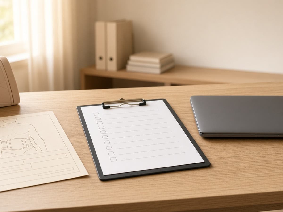 A DME billing desk shows an orthosis order form and a prior authorization checklist next to a closed laptop.