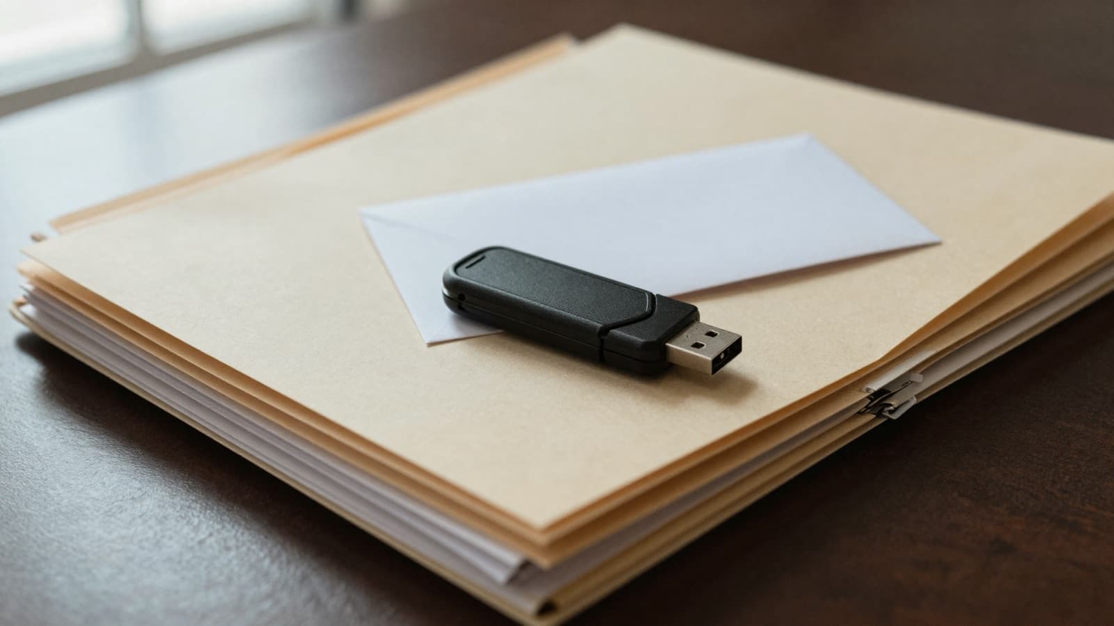 USB flash drive on manila chart folders beside a sealed letter, the Medicare Advantage diagnosis corrections behind the $342M overpayment